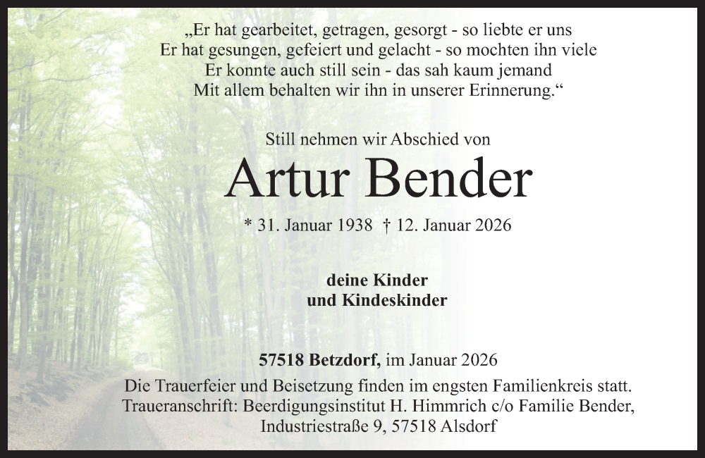  Traueranzeige für Artur Bender vom 26.01.2026 aus Rhein-Zeitung