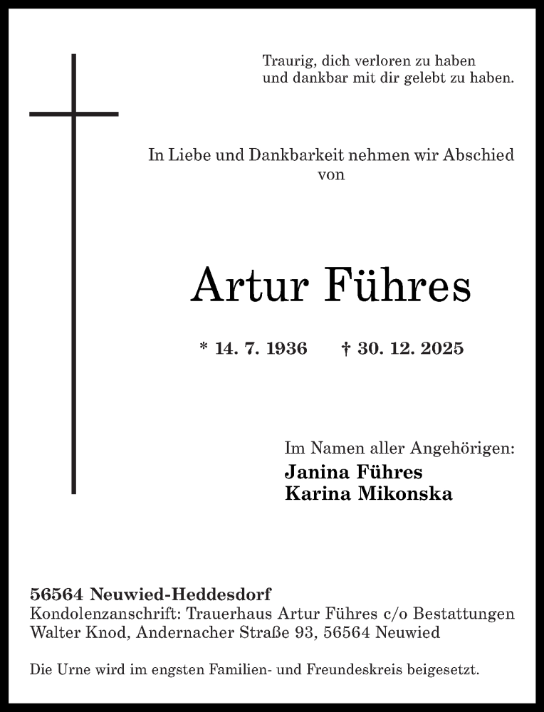  Traueranzeige für Artur Führes vom 17.01.2026 aus Rhein-Zeitung