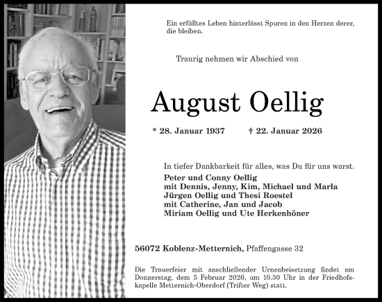 Traueranzeige von August Oellig von Rhein-Zeitung