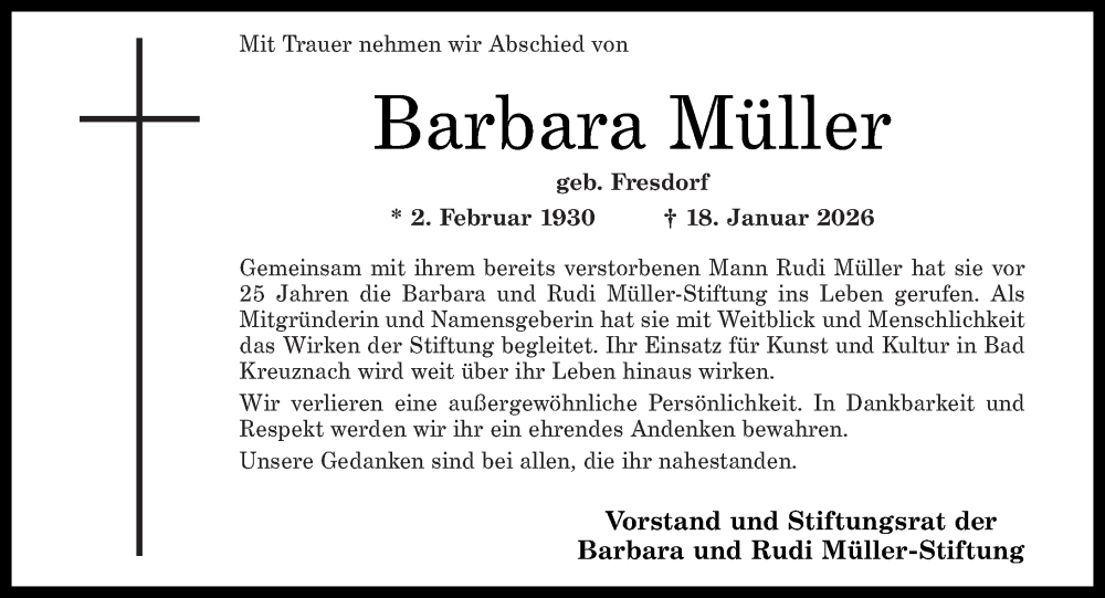  Traueranzeige für Barbara Müller vom 31.01.2026 aus Oeffentlicher Anzeiger