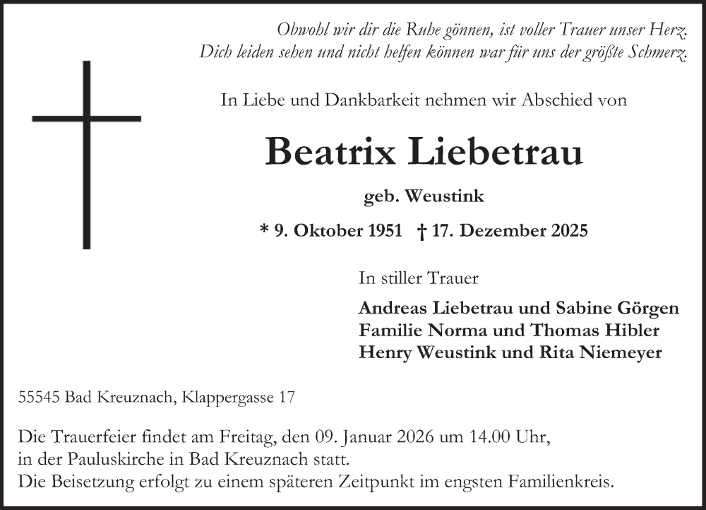  Traueranzeige für Beatrix Liebetrau vom 03.01.2026 aus Oeffentlicher Anzeiger