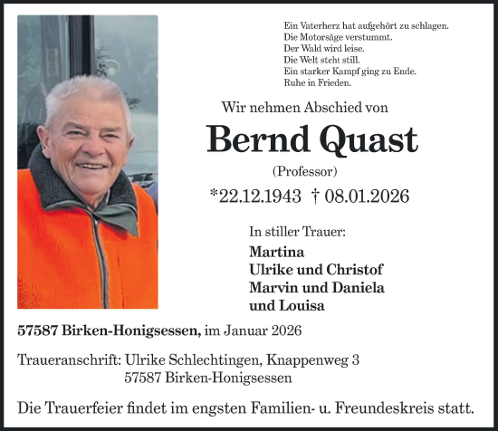 Traueranzeige von Bernd Quast von Rhein-Zeitung