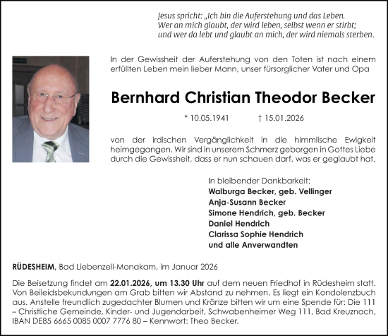 Traueranzeige von Bernhard Christian Theodor Becker von Oeffentlicher Anzeiger