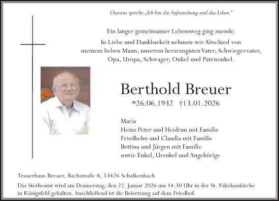 Traueranzeige von Berthold Breuer von Rhein-Zeitung