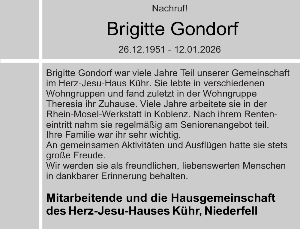  Traueranzeige für Brigitte Gondorf vom 31.01.2026 aus Rhein-Zeitung