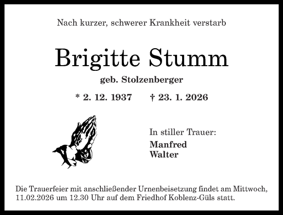 Traueranzeige von Brigitte Stumm von Rhein-Zeitung