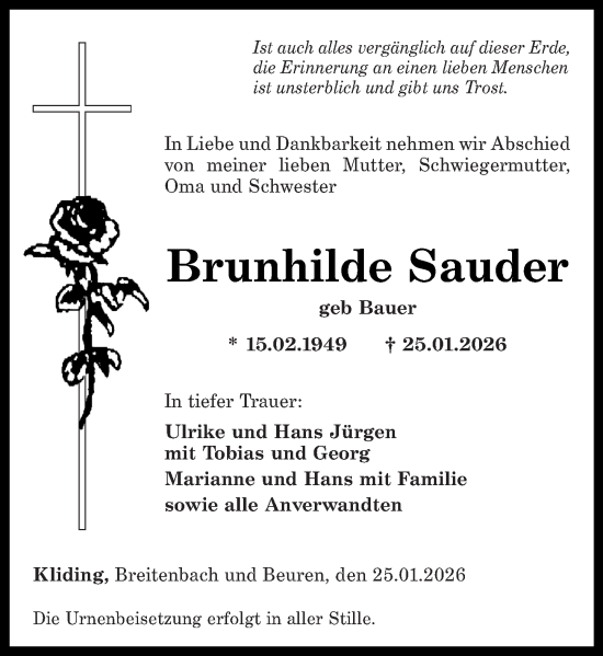 Traueranzeige von Brunhilde Sauder von Rhein-Zeitung