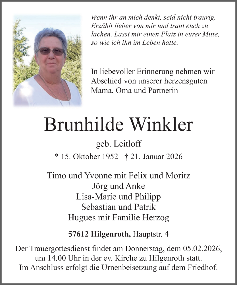  Traueranzeige für Brunhilde Winkler vom 31.01.2026 aus Rhein-Zeitung