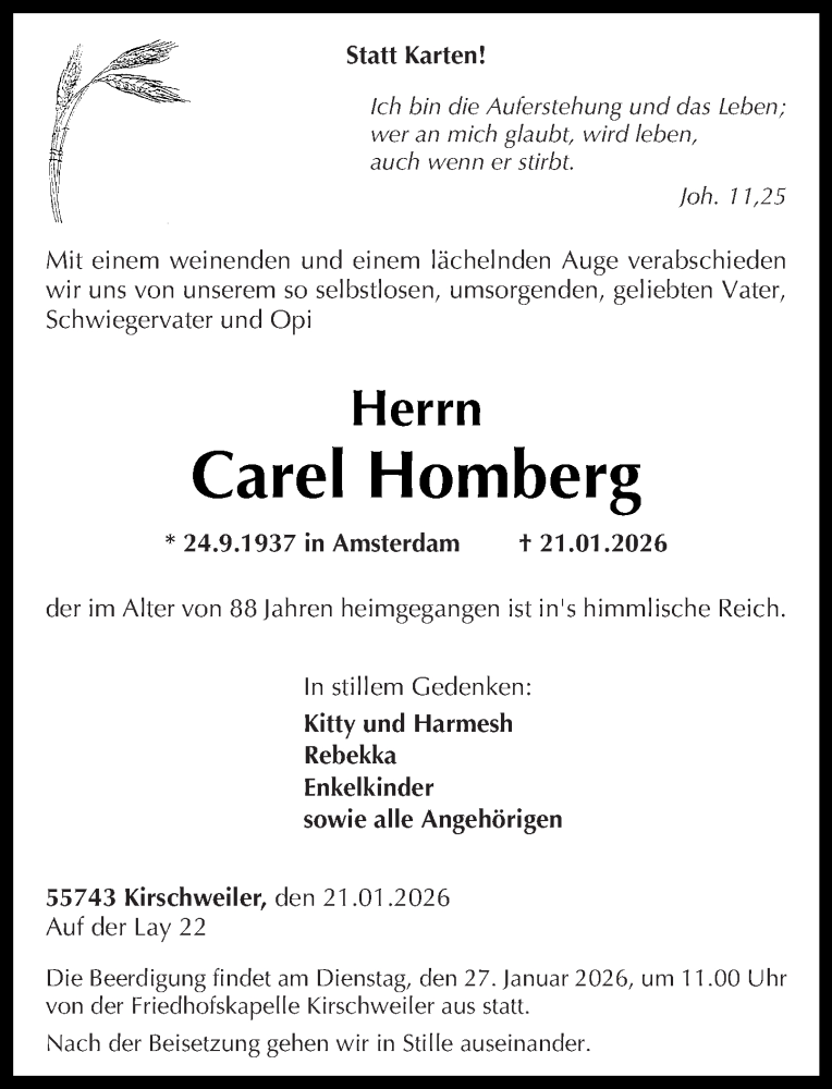  Traueranzeige für Carel Homberg vom 24.01.2026 aus Nahe-Zeitung
