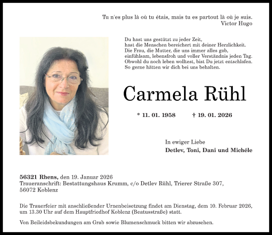 Traueranzeige von Carmela Rühl von Rhein-Zeitung