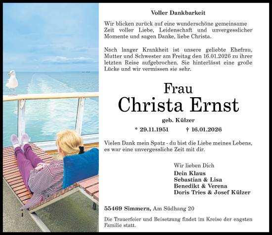 Traueranzeige von Christa Ernst von Rhein-Hunsrück-Zeitung
