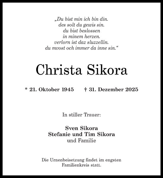 Traueranzeige von Christa Sikora von Oeffentlicher Anzeiger