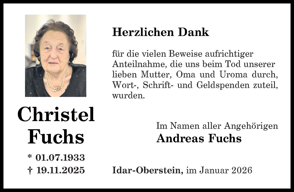  Traueranzeige für Christel Fuchs vom 24.01.2026 aus Nahe-Zeitung