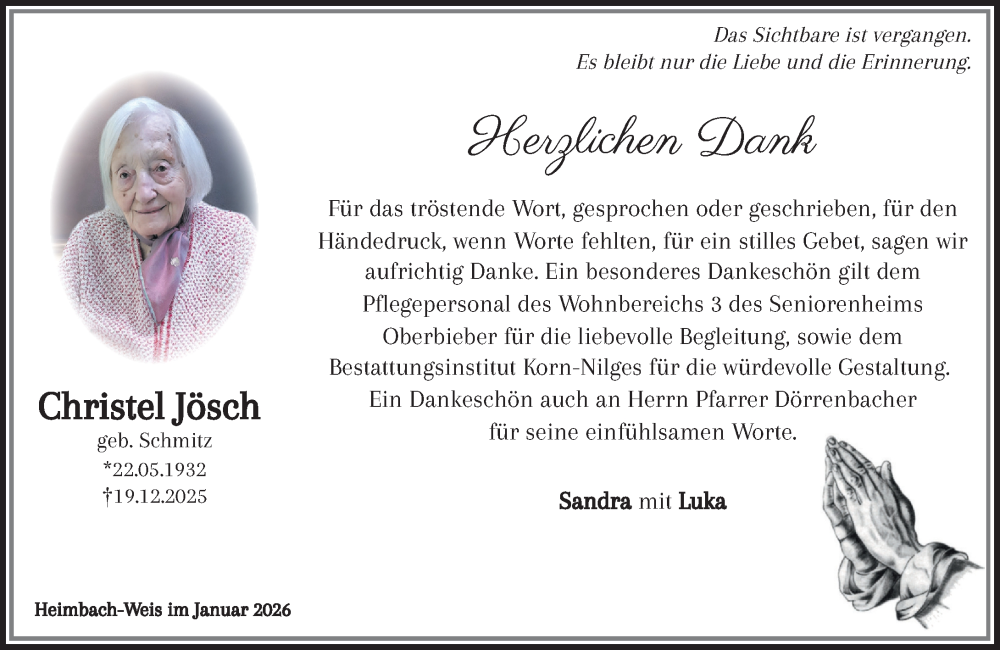 Traueranzeige für Christel Jösch vom 24.01.2026 aus Rhein-Zeitung