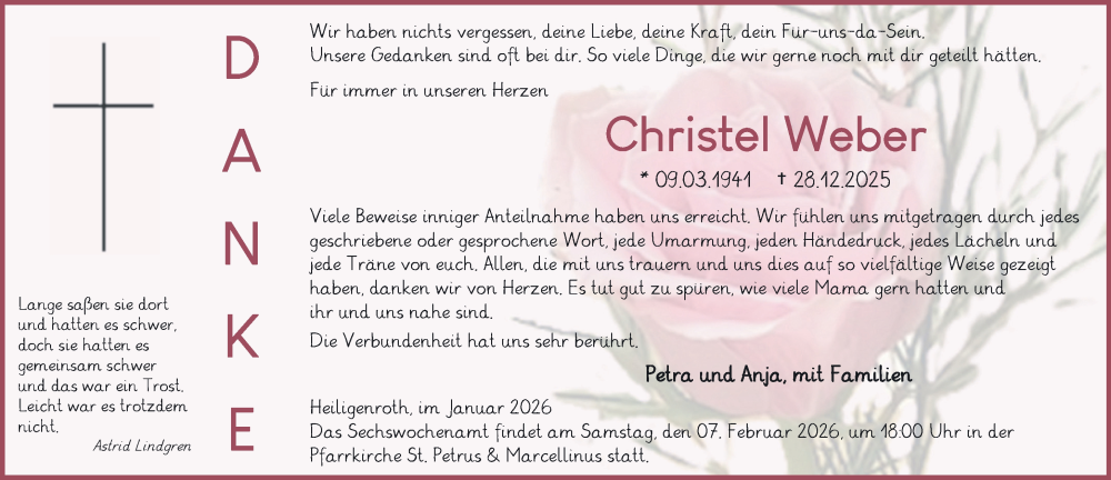  Traueranzeige für Christel Weber vom 31.01.2026 aus Westerwälder Zeitung