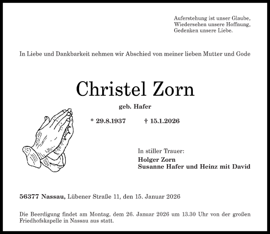 Traueranzeige von Christel Zorn von Rhein-Lahn-Zeitung