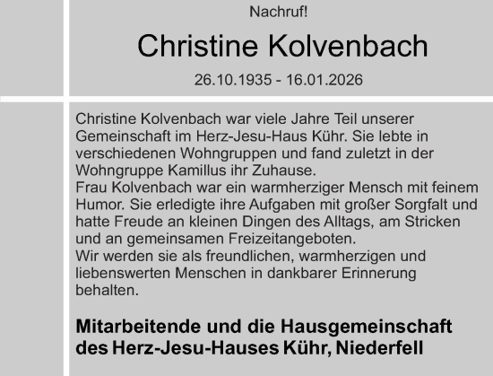 Traueranzeige von Christine Kolvenbach von Rhein-Zeitung