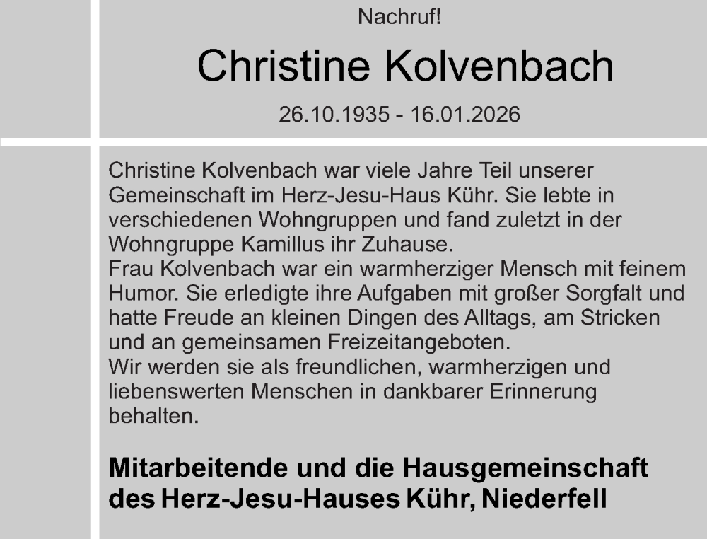  Traueranzeige für Christine Kolvenbach vom 31.01.2026 aus Rhein-Zeitung