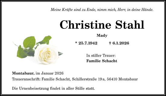 Traueranzeige von Christine Stahl von Westerwälder Zeitung