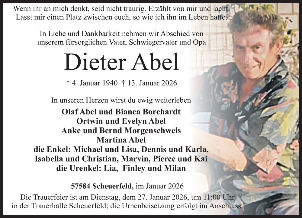  Traueranzeige für Dieter Abel vom 17.01.2026 aus Rhein-Zeitung