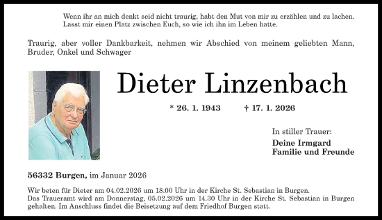 Traueranzeige von Dieter Linzenbach von Rhein-Zeitung