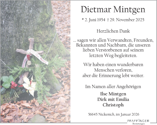 Traueranzeige von Dietmar Mintgen von Rhein-Zeitung
