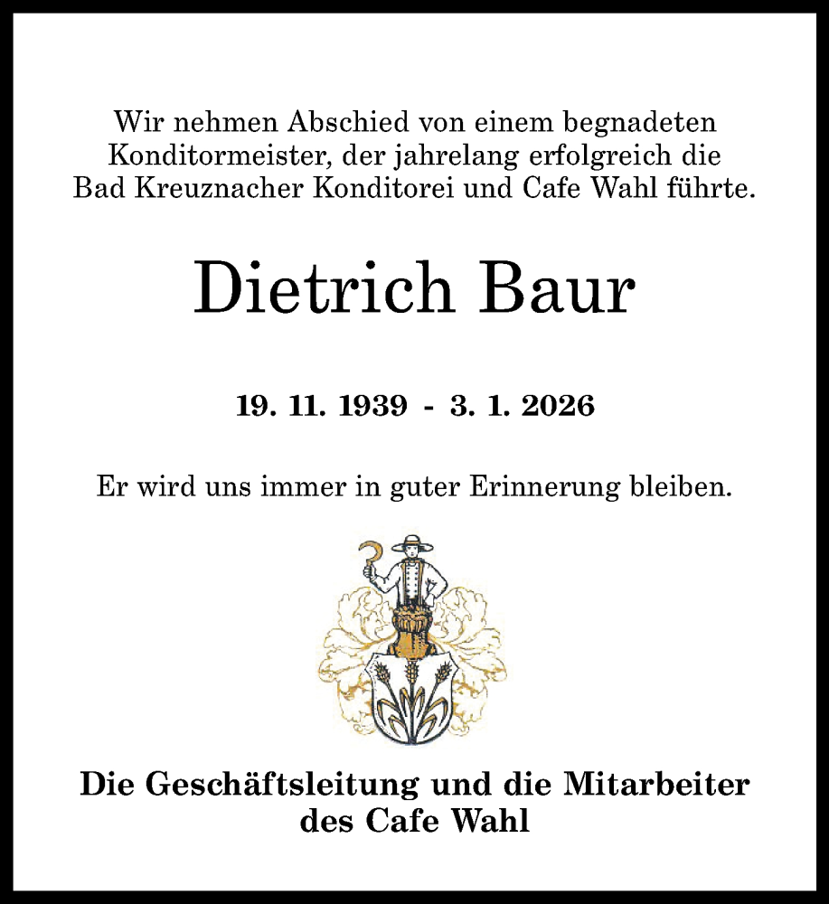  Traueranzeige für Dietrich Baur vom 21.01.2026 aus Oeffentlicher Anzeiger
