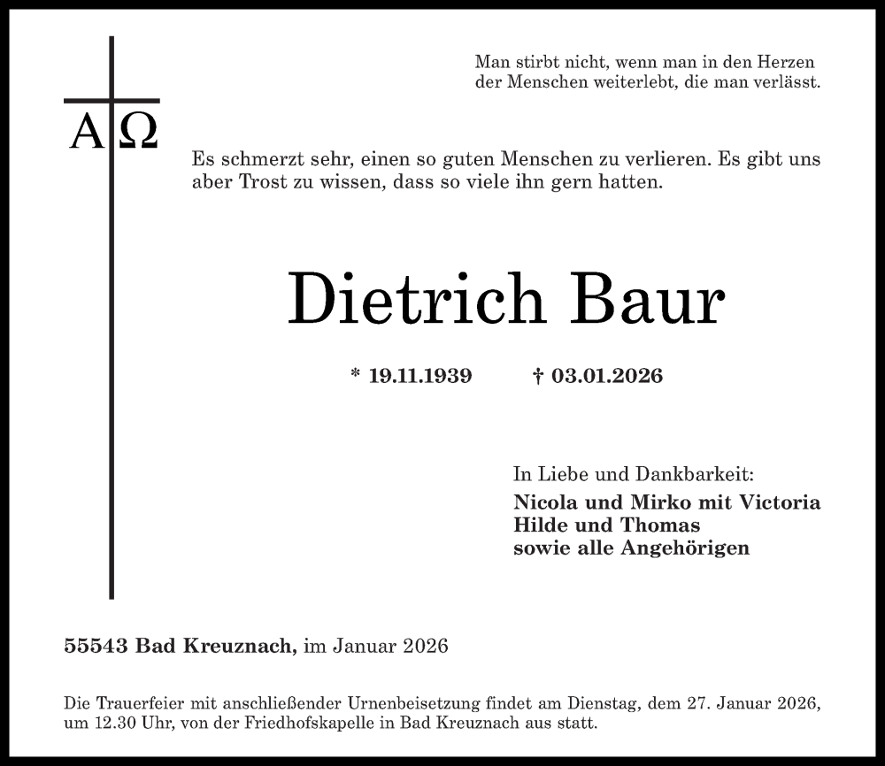  Traueranzeige für Dietrich Baur vom 17.01.2026 aus Oeffentlicher Anzeiger
