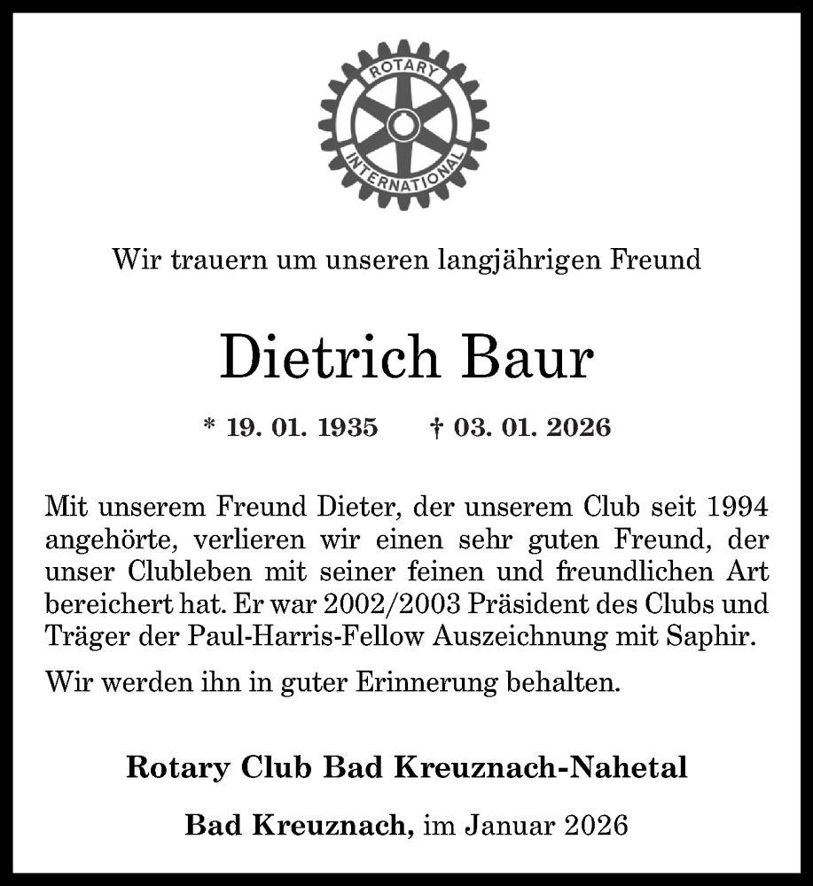  Traueranzeige für Dietrich Baur vom 17.01.2026 aus Oeffentlicher Anzeiger