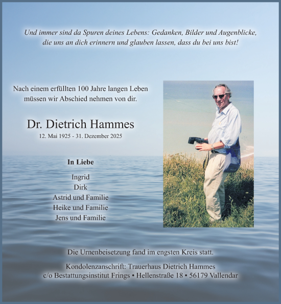 Traueranzeige von Dietrich Hammes von Rhein-Zeitung