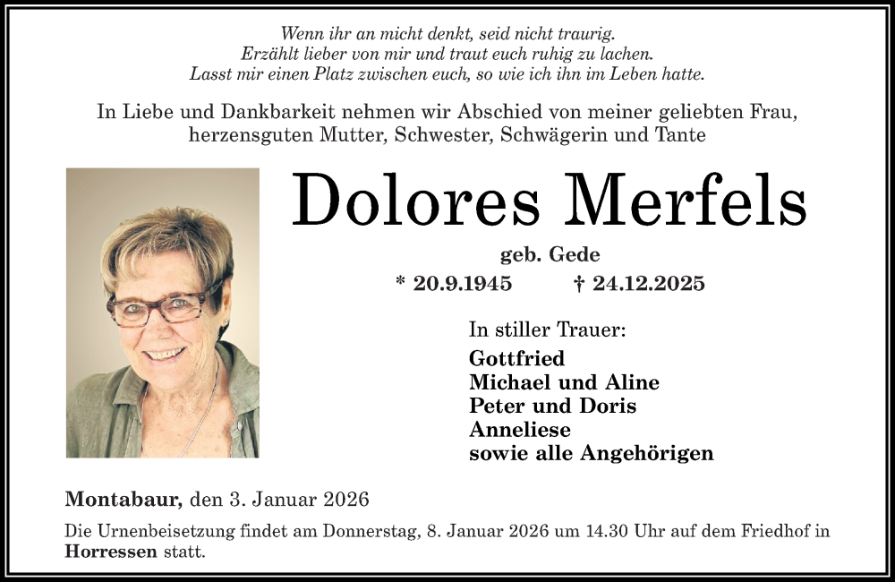  Traueranzeige für Dolores Merfels vom 03.01.2026 aus Westerwälder Zeitung
