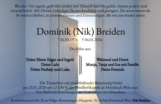 Traueranzeige von Dominik Breiden von Rhein-Zeitung