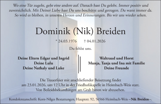 Traueranzeige von Dominik Breiden von Rhein-Zeitung
