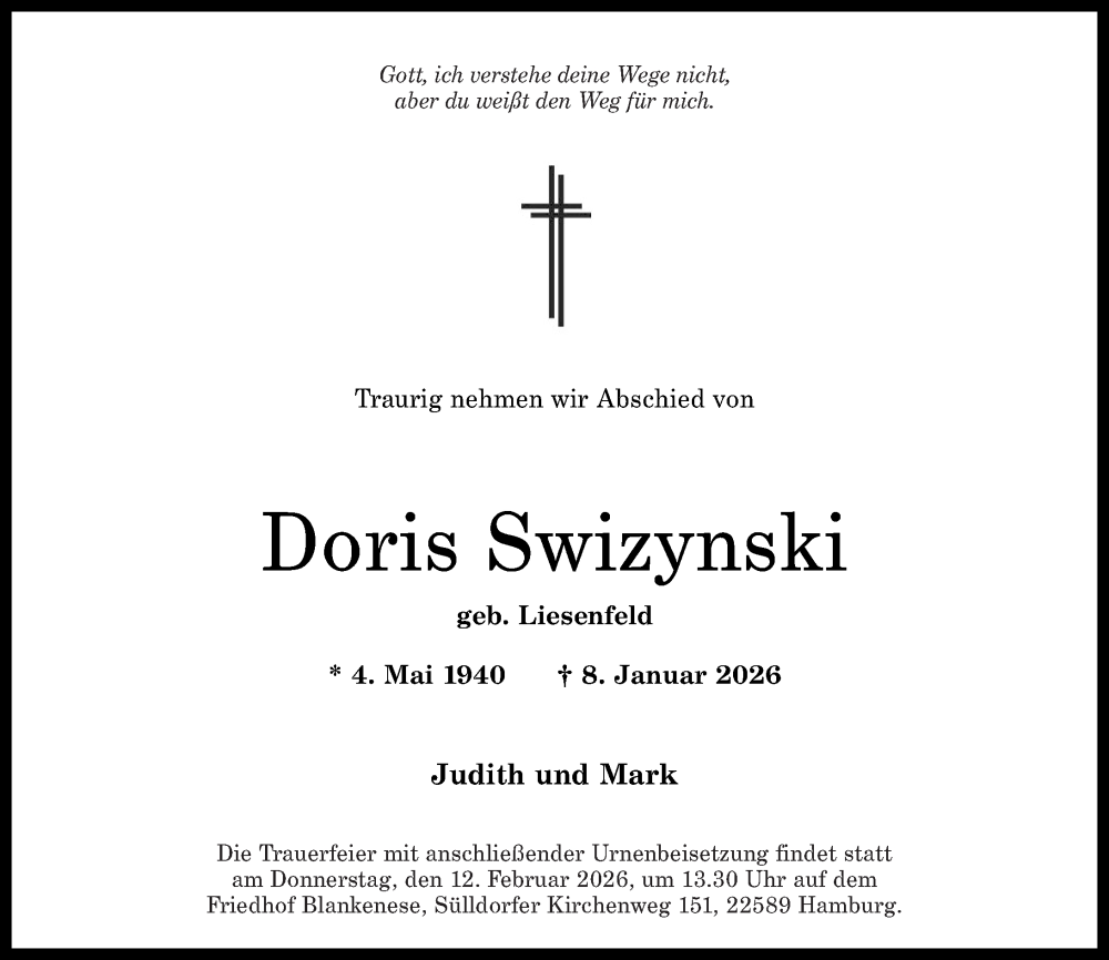  Traueranzeige für Doris Swizynski vom 17.01.2026 aus Rhein-Zeitung