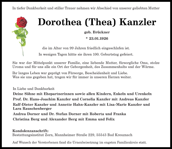 Traueranzeige von Dorothea Kanzler von Oeffentlicher Anzeiger