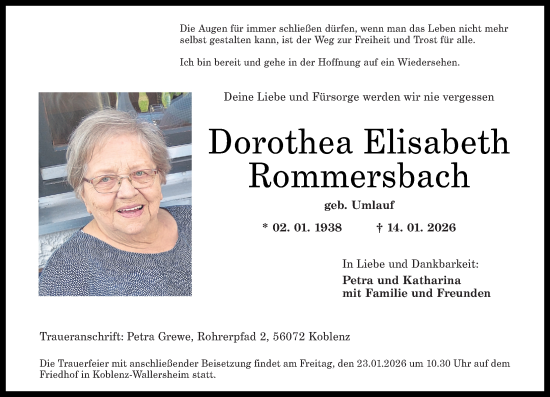 Traueranzeige von Dorothea Elisabeth Rommersbach von Rhein-Zeitung