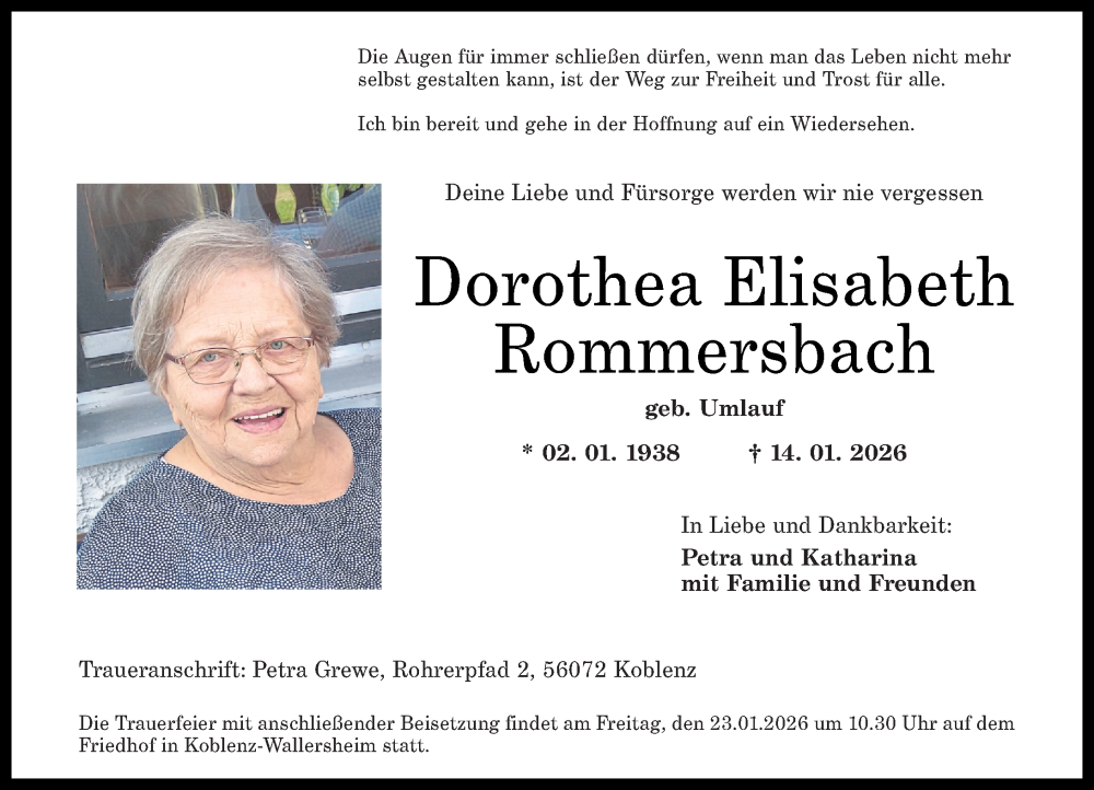  Traueranzeige für Dorothea Elisabeth Rommersbach vom 17.01.2026 aus Rhein-Zeitung