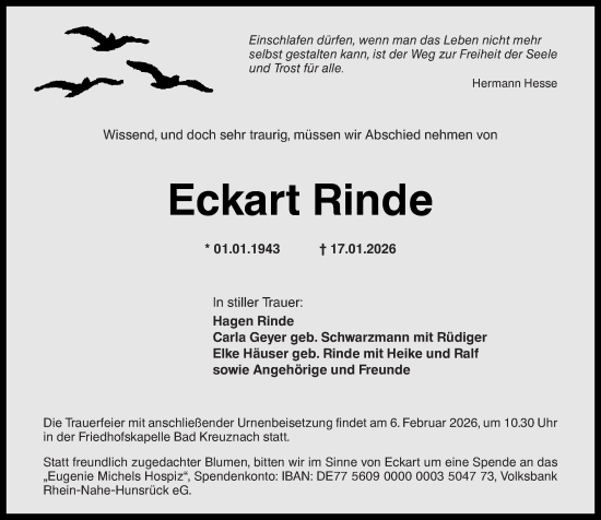 Traueranzeige von Eckart Rinde von Oeffentlicher Anzeiger