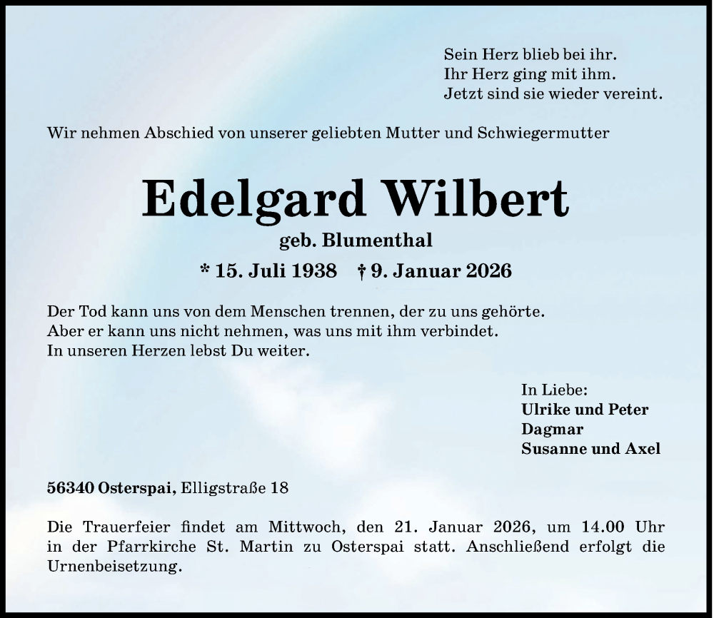  Traueranzeige für Edelgard Wilbert vom 17.01.2026 aus Rhein-Zeitung