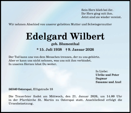 Traueranzeige von Edelgard Wilbert von Rhein-Zeitung
