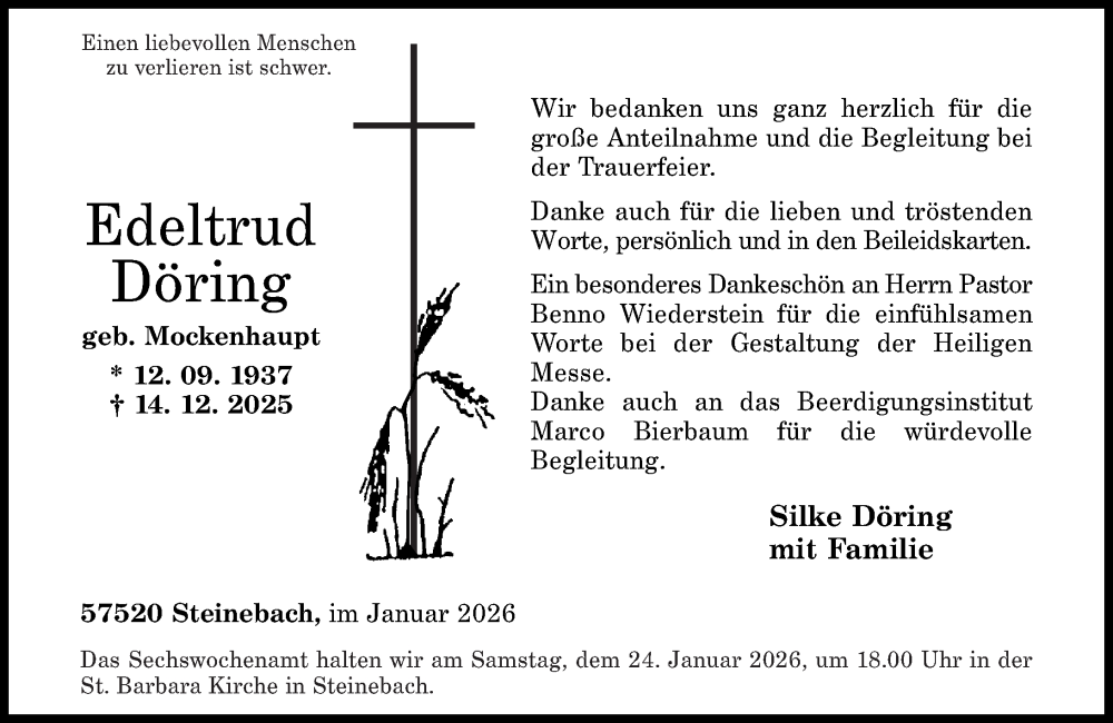  Traueranzeige für Edeltrud Döring vom 20.01.2026 aus Rhein-Zeitung