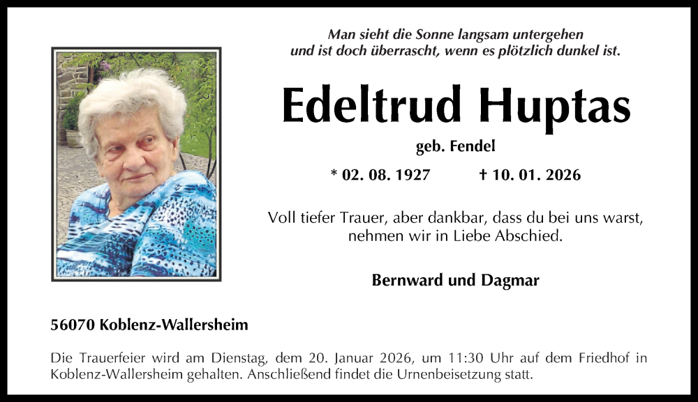  Traueranzeige für Edeltrud Huptas vom 17.01.2026 aus Rhein-Zeitung