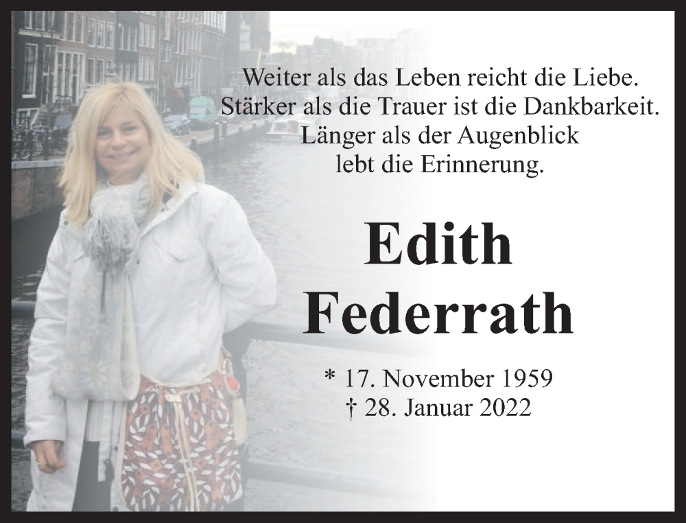  Traueranzeige für Edith Federrath vom 31.01.2026 aus Rhein-Zeitung