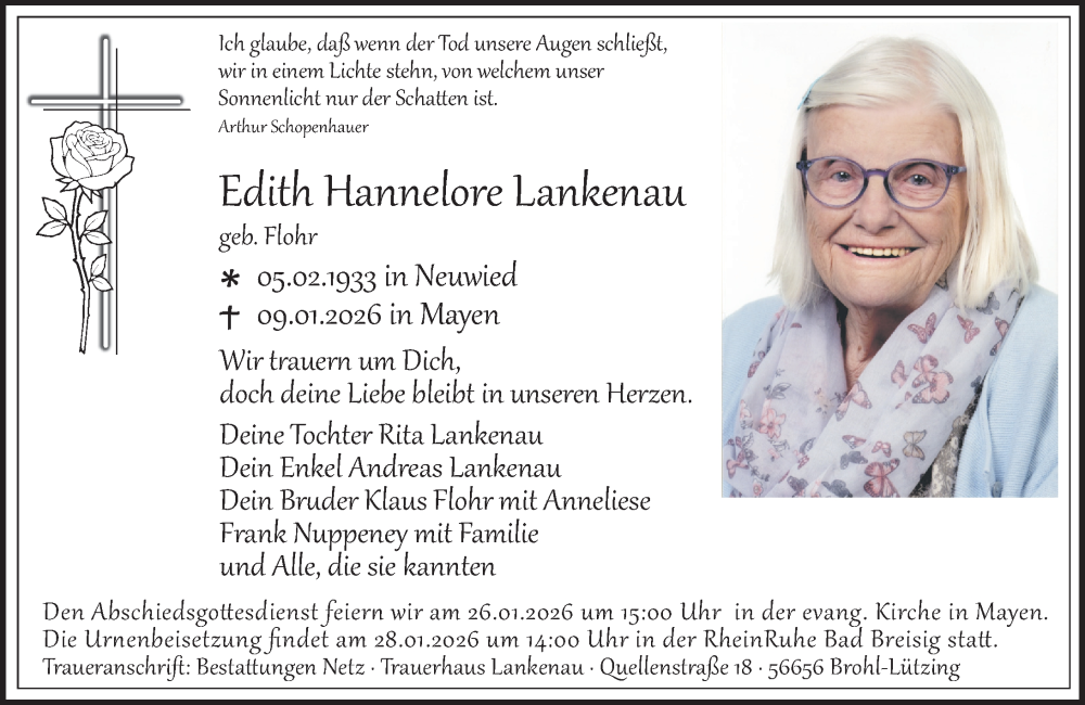  Traueranzeige für Edith Hannelore Lankenau vom 24.01.2026 aus Rhein-Zeitung
