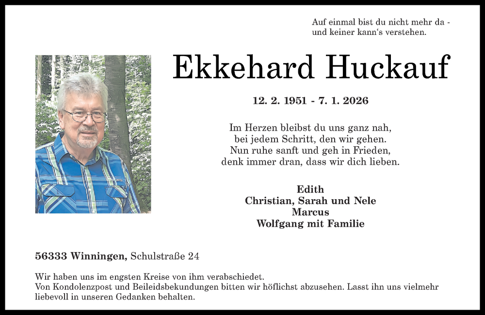  Traueranzeige für Ekkehard Huckauf vom 24.01.2026 aus Rhein-Zeitung