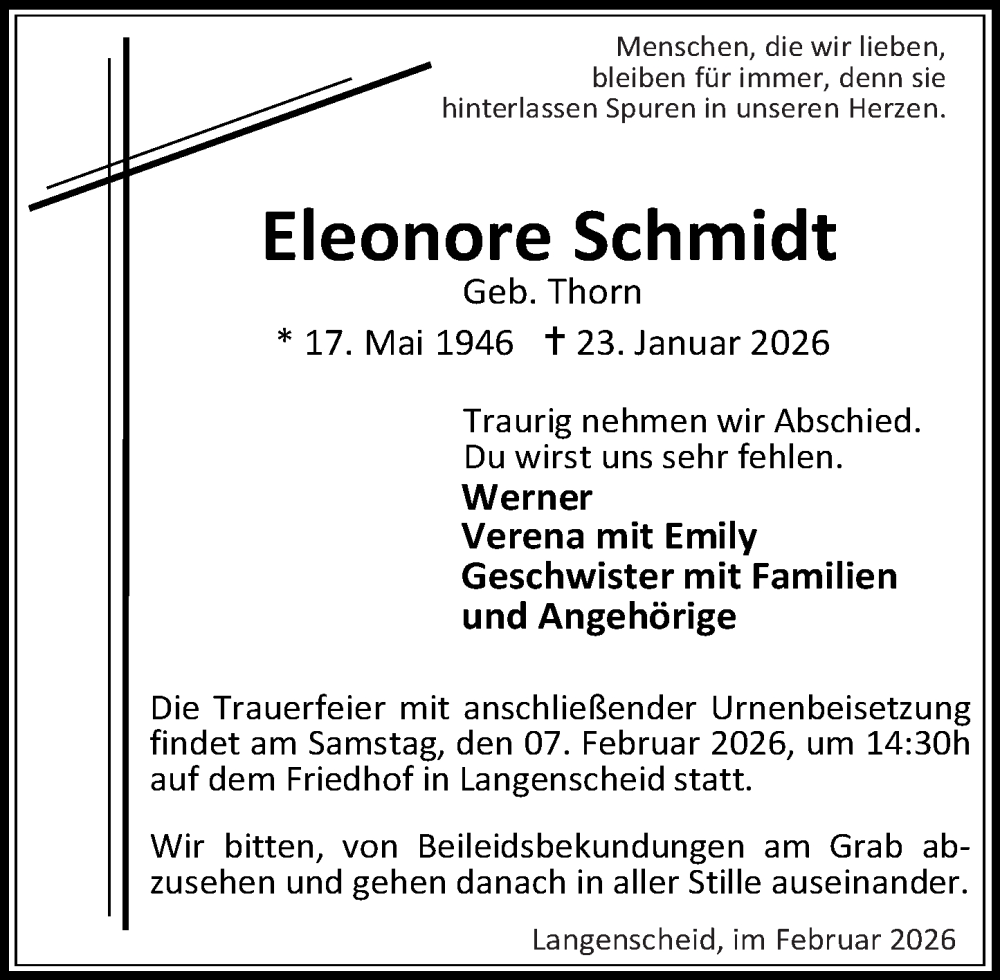  Traueranzeige für Eleonore Schmidt vom 31.01.2026 aus Rhein-Lahn-Zeitung