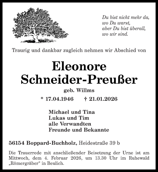 Traueranzeige von Eleonore Schneider-Preußer von Rhein-Zeitung