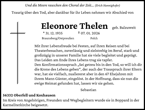 Traueranzeige von Eleonore Thelen von Rhein-Zeitung