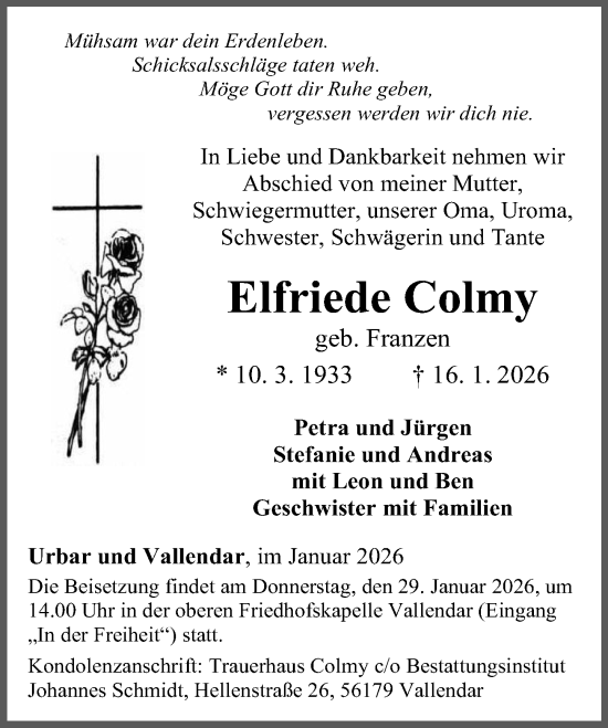 Traueranzeige von Elfriede Colmy von Rhein-Zeitung