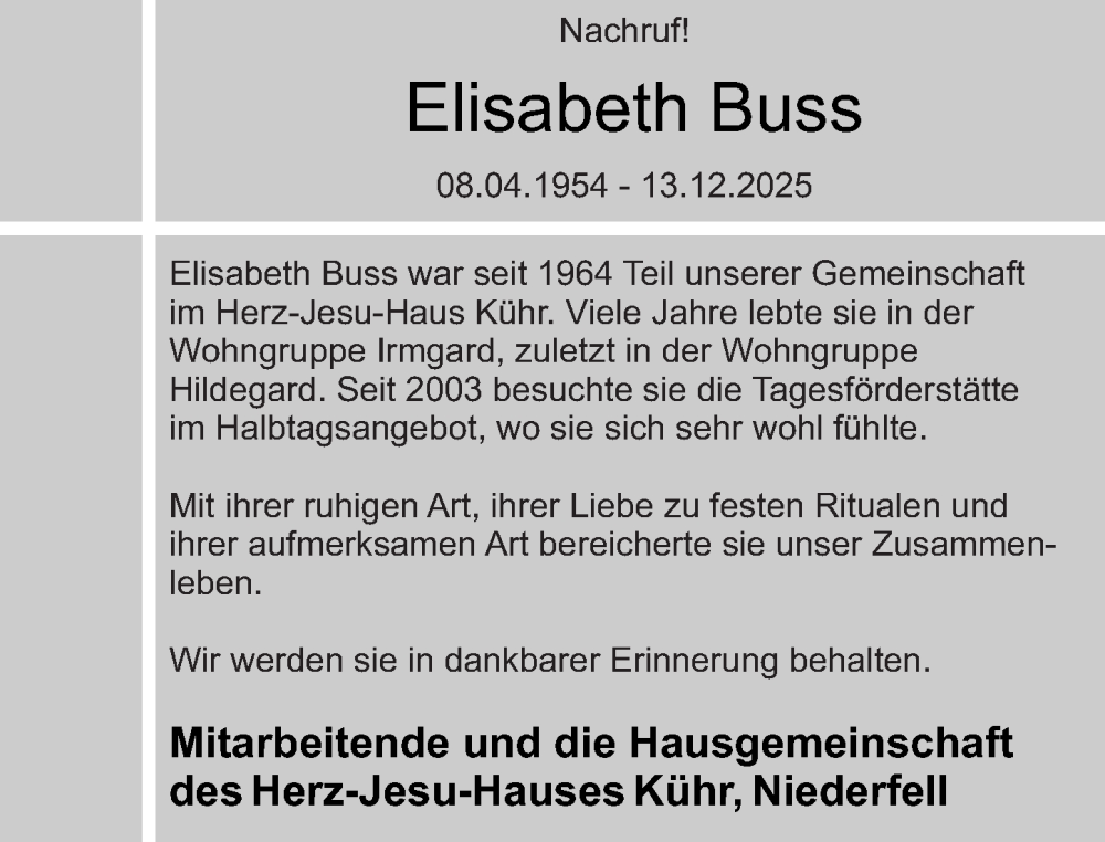  Traueranzeige für Elisabeth Buss vom 17.01.2026 aus Rhein-Zeitung